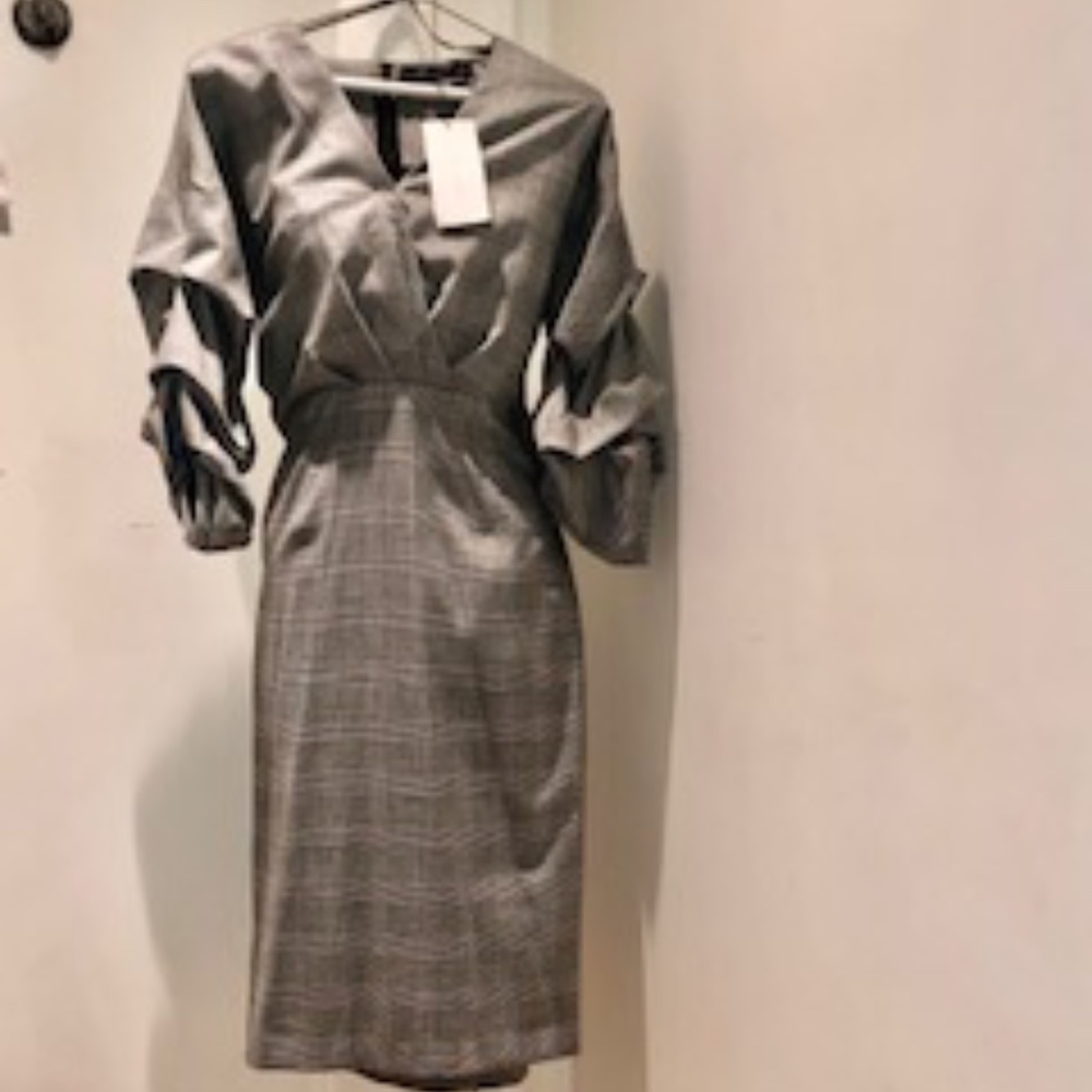 ZARA Dress, NWT, Puff-Sleeve, Glen Plaid, Size M